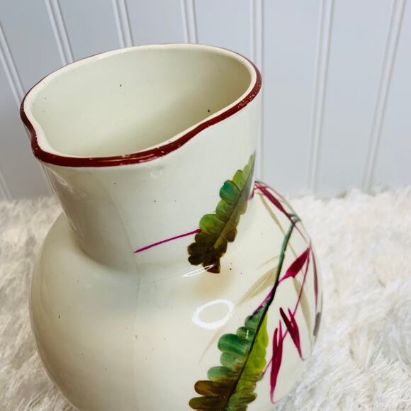 Handpainted Pitcher Vintage Green Red Leaves Tropical 8 x 6" - Picture 5 of 7